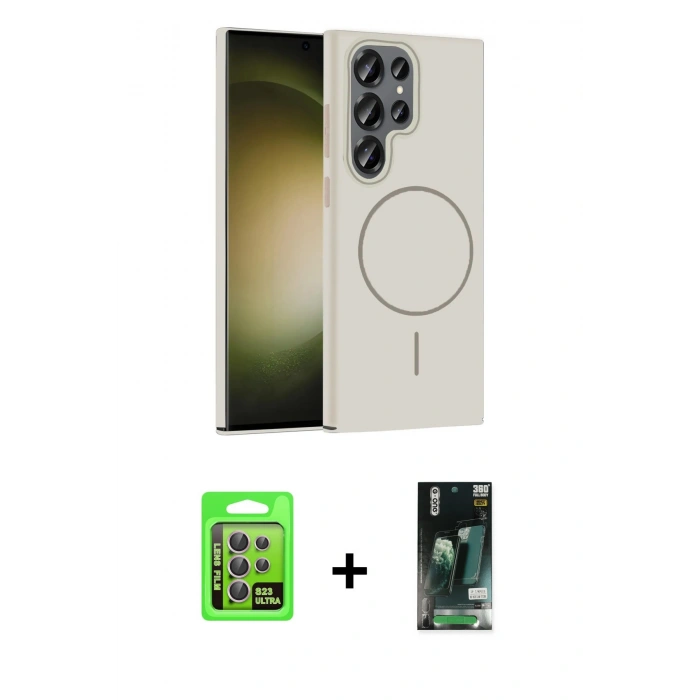MARSİLYAN™- Galaxy S23 Ultra Kılıf Siluet Doku Özel Seri - Siyah 360 Mat Full Body Arka Koruyucu + Raze Metal Kamera Lens - LA