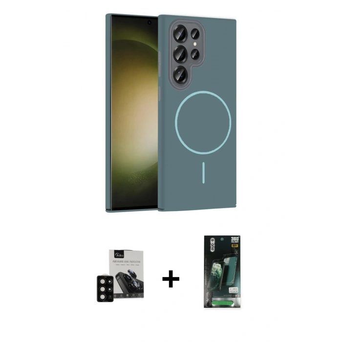 MARSİLYAN™- Galaxy S23 Ultra Kılıf Siluet Doku Özel Seri - Siyah 360 Mat Full Body Arka Koruyucu + PVD Metal Kamera Lens - SH