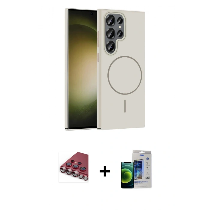 MARSİLYAN™- Galaxy S23 Ultra Kılıf Siluet Doku Özel Seri - Siyah Durable Full Glue Curved Cam + Kırmızı Valdez Metal Kamera Lens