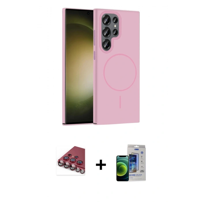 MARSİLYAN™- Galaxy S23 Ultra Kılıf Siluet Doku Özel Seri - Siyah Durable Full Glue Curved Cam + Kırmızı Valdez Metal Kamera Lens