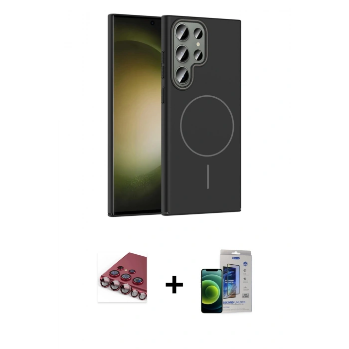 MARSİLYAN™- Galaxy S23 Ultra Kılıf Siluet Doku Özel Seri - Siyah Durable Full Glue Curved Cam + Kırmızı Valdez Metal Kamera Lens