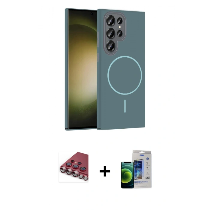 MARSİLYAN™- Galaxy S23 Ultra Kılıf Siluet Doku Özel Seri - Siyah Durable Full Glue Curved Cam + Kırmızı Valdez Metal Kamera Lens