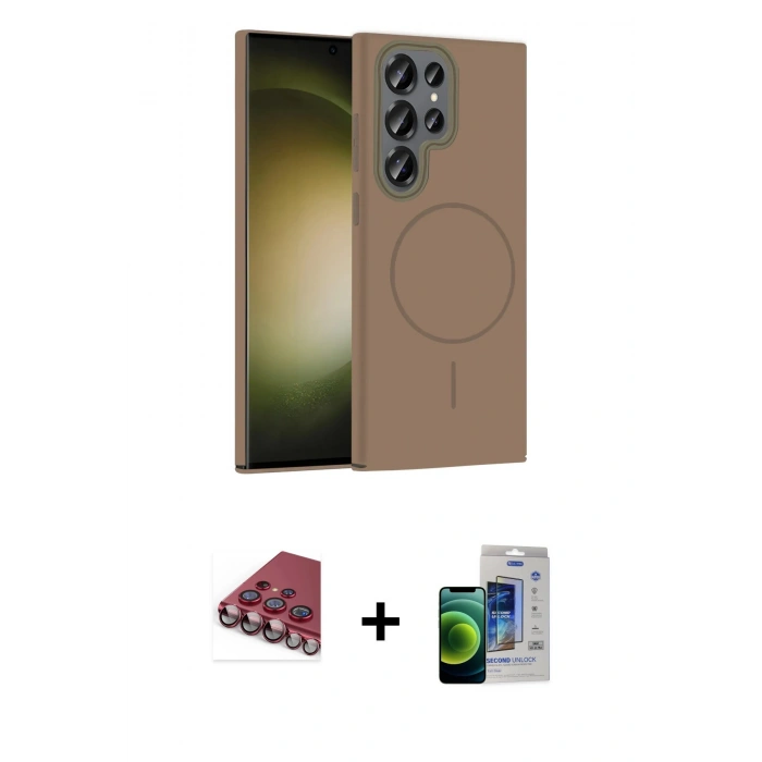 MARSİLYAN™- Galaxy S23 Ultra Kılıf Siluet Doku Özel Seri - Siyah Durable Full Glue Curved Cam + Kırmızı Valdez Metal Kamera Lens