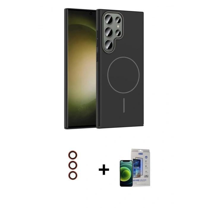 MARSİLYAN™- Galaxy S23 Ultra Kılıf Siluet Doku Özel Seri - Siyah Durable Full Glue Curved Cam + Metal Kamera Lens - KI