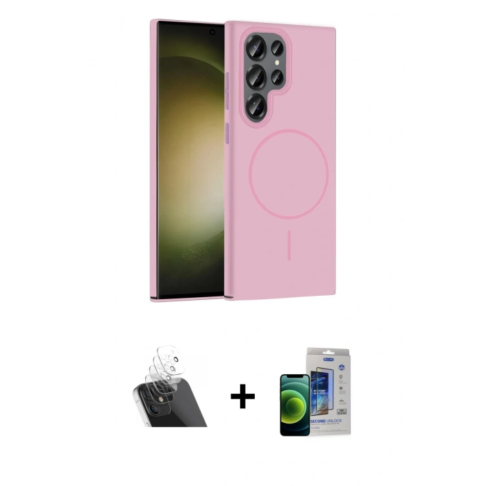 MARSİLYAN™- Galaxy S23 Ultra Kılıf Siluet Doku Özel Seri - Siyah Durable Full Glue Curved Cam + Şeffaf Kamera Lens Koruma Cam