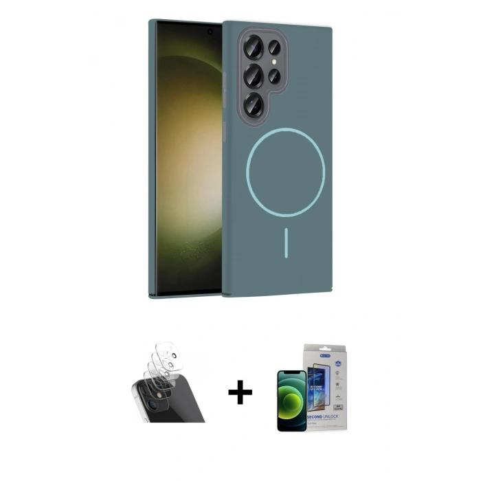 MARSİLYAN™- Galaxy S23 Ultra Kılıf Siluet Doku Özel Seri - Siyah Durable Full Glue Curved Cam + Şeffaf Kamera Lens Koruma Cam