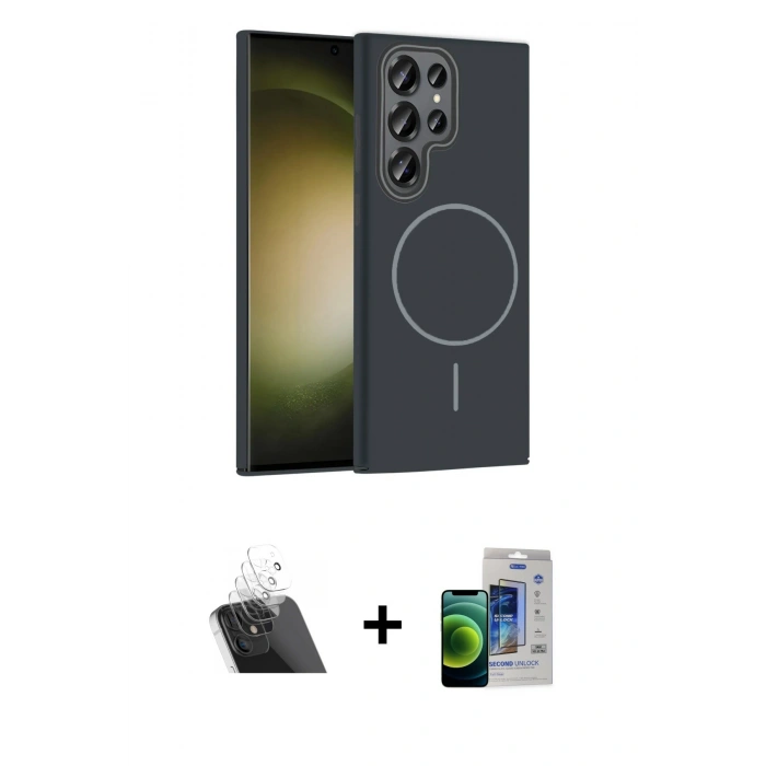 MARSİLYAN™- Galaxy S23 Ultra Kılıf Siluet Doku Özel Seri - Siyah Durable Full Glue Curved Cam + Şeffaf Kamera Lens Koruma Cam