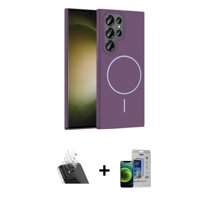 MARSİLYAN™- Galaxy S23 Ultra Kılıf Siluet Doku Özel Seri - Siyah Durable Full Glue Curved Cam + Şeffaf Kamera Lens Koruma Cam