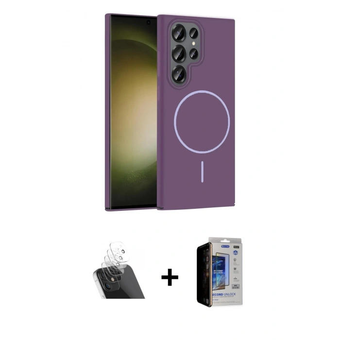 MARSİLYAN™- Galaxy S23 Ultra Kılıf Siluet Doku Özel Seri - Siyah Durable Full Glue Curved Hayalet Cam + Kamera Lens Koruma Cam - SF