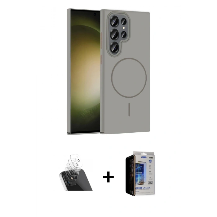 MARSİLYAN™- Galaxy S23 Ultra Kılıf Siluet Doku Özel Seri - Siyah Durable Full Glue Curved Hayalet Cam + Kamera Lens Koruma Cam - SF
