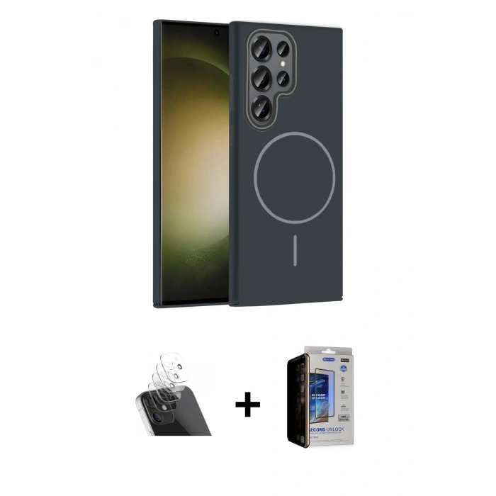 MARSİLYAN™- Galaxy S23 Ultra Kılıf Siluet Doku Özel Seri - Siyah Durable Full Glue Curved Hayalet Cam + Kamera Lens Koruma Cam - SF