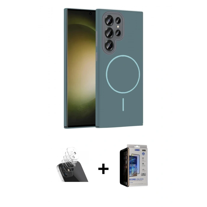 MARSİLYAN™- Galaxy S23 Ultra Kılıf Siluet Doku Özel Seri - Siyah Durable Full Glue Curved Hayalet Cam + Kamera Lens Koruma Cam - SF