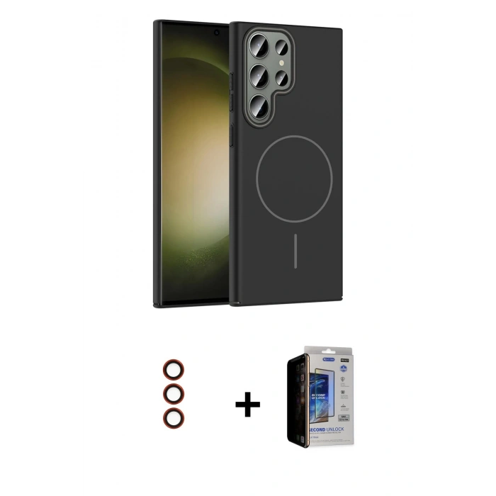 MARSİLYAN™- Galaxy S23 Ultra Kılıf Siluet Doku Özel Seri - Siyah Durable Full Glue Curved Hayalet Cam + Metal Kamera Lens - KI