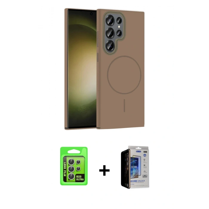 MARSİLYAN™- Galaxy S23 Ultra Kılıf Siluet Doku Özel Seri - Siyah Durable Full Glue Curved Hayalet Cam + Raze Metal Kamera Lens - GS