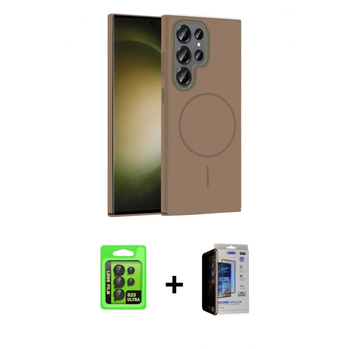 MARSİLYAN™- Galaxy S23 Ultra Kılıf Siluet Doku Özel Seri - Siyah Durable Full Glue Curved Hayalet Cam + Raze Metal Kamera Lens - SH