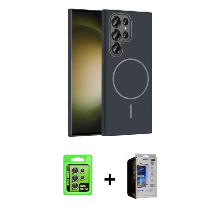 MARSİLYAN™- Galaxy S23 Ultra Kılıf Siluet Doku Özel Seri - Siyah Durable Full Glue Curved Hayalet Cam + Raze Metal Kamera Lens - GS