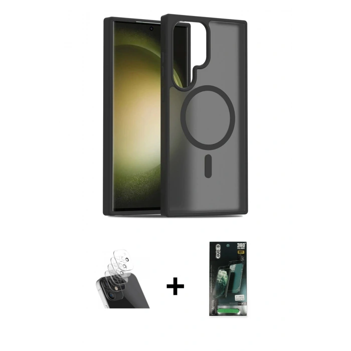 MARSİLYAN™- Galaxy S23 Ultra Kılıf Siluet Minimal Prime - Şeffaf 360 Full Body Arka Koruyucu + Kamera Lens Koruma Cam - SF