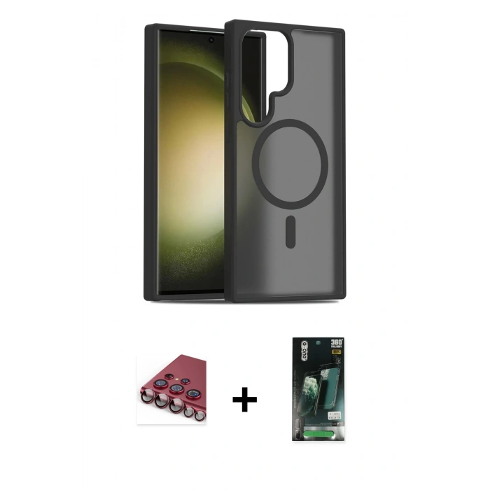 MARSİLYAN™- Galaxy S23 Ultra Kılıf Siluet Minimal Prime - Şeffaf 360 Full Body Arka Koruyucu + Valdez Metal Kamera Lens - KI