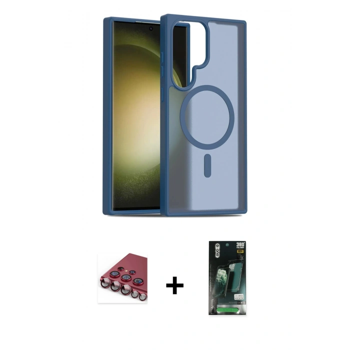 MARSİLYAN™- Galaxy S23 Ultra Kılıf Siluet Minimal Prime - Şeffaf 360 Full Body Arka Koruyucu + Valdez Metal Kamera Lens - KI