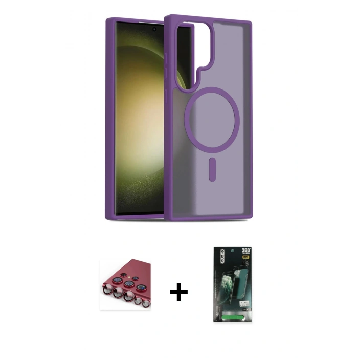 MARSİLYAN™- Galaxy S23 Ultra Kılıf Siluet Minimal Prime - Siyah 360 Mat Full Body Arka Koruyucu + Valdez Metal Kamera Lens - KI