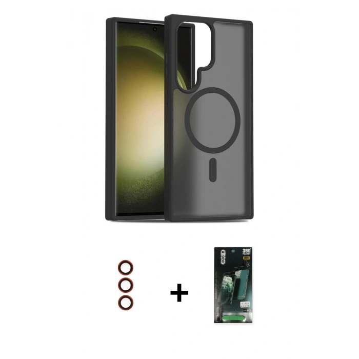 MARSİLYAN™- Galaxy S23 Ultra Kılıf Siluet Minimal Prime - Siyah 360 Mat Full Body Arka Koruyucu + Metal Kamera Lens - KI