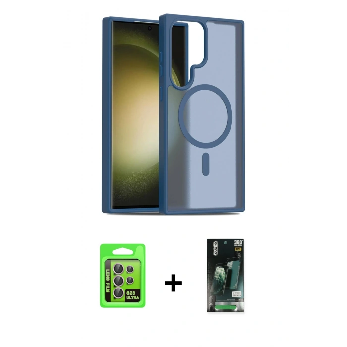 MARSİLYAN™- Galaxy S23 Ultra Kılıf Siluet Minimal Prime - Siyah 360 Mat Full Body Arka Koruyucu + Raze Metal Kamera Lens - LA
