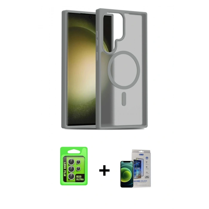 MARSİLYAN™- Galaxy S23 Ultra Kılıf Siluet Minimal Prime - Siyah Durable Full Glue Curved Cam + Gümüş Raze Metal Kamera Lens