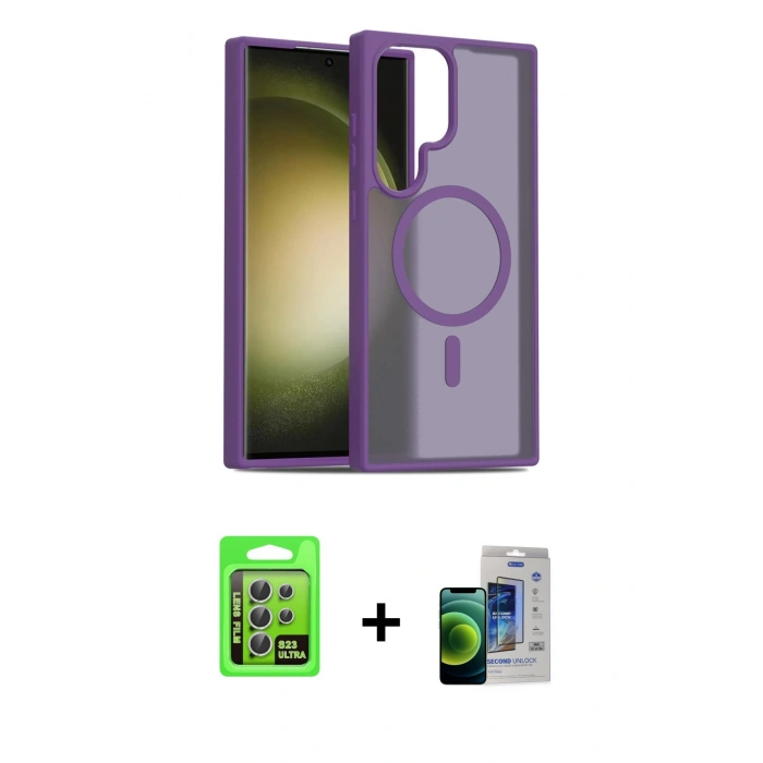 MARSİLYAN™- Galaxy S23 Ultra Kılıf Siluet Minimal Prime - Siyah Durable Full Glue Curved Cam + Gümüş Raze Metal Kamera Lens