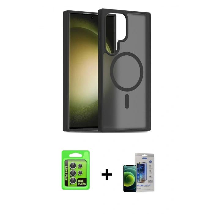 MARSİLYAN™- Galaxy S23 Ultra Kılıf Siluet Minimal Prime - Siyah Durable Full Glue Curved Cam + Gümüş Raze Metal Kamera Lens