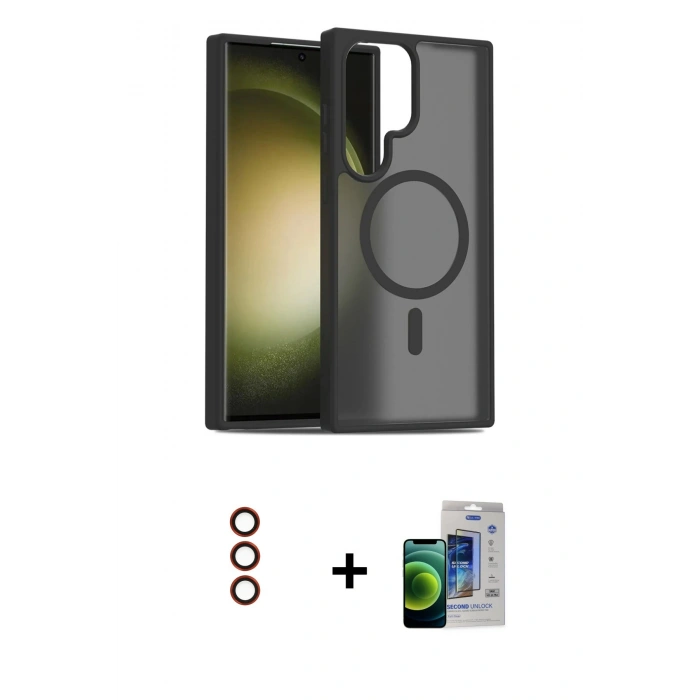 MARSİLYAN™- Galaxy S23 Ultra Kılıf Siluet Minimal Prime - Siyah Durable Full Glue Curved Cam + Metal Kamera Lens - KI
