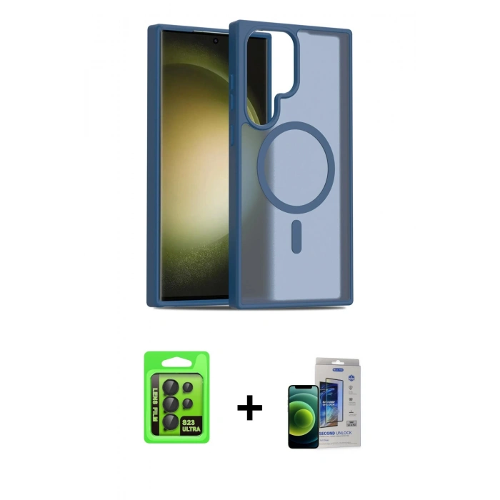 MARSİLYAN™- Galaxy S23 Ultra Kılıf Siluet Minimal Prime - Siyah Durable Full Glue Curved Cam + Raze Metal Kamera Lens - SH