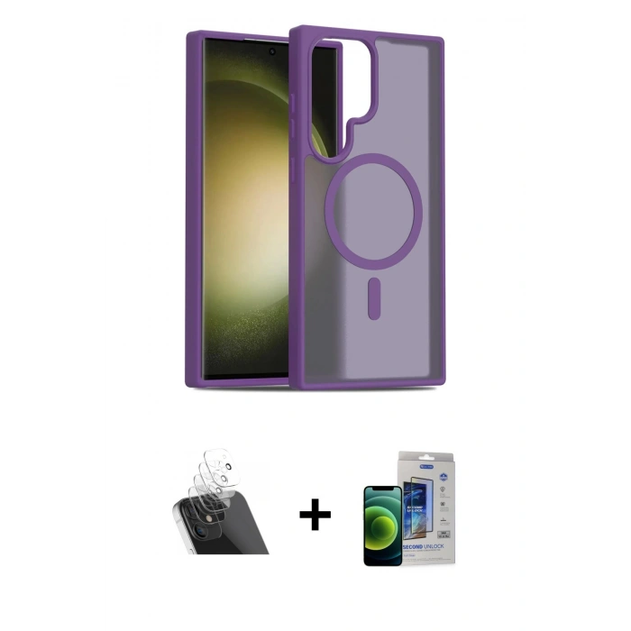 MARSİLYAN™- Galaxy S23 Ultra Kılıf Siluet Minimal Prime - Siyah Durable Full Glue Curved Cam + Kamera Lens Koruma Cam - SF