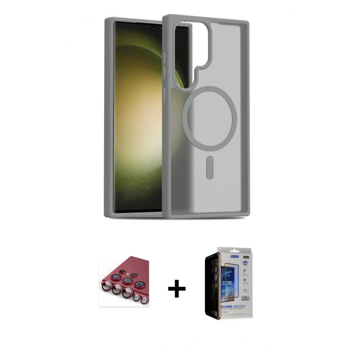 MARSİLYAN™- Galaxy S23 Ultra Kılıf Siluet Minimal Prime - Siyah Durable Full Glue Curved Hayalet Cam + Valdez Metal Kamera Lens - KI