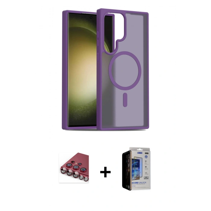 MARSİLYAN™- Galaxy S23 Ultra Kılıf Siluet Minimal Prime - Siyah Durable Full Glue Curved Hayalet Cam + Valdez Metal Kamera Lens - KI