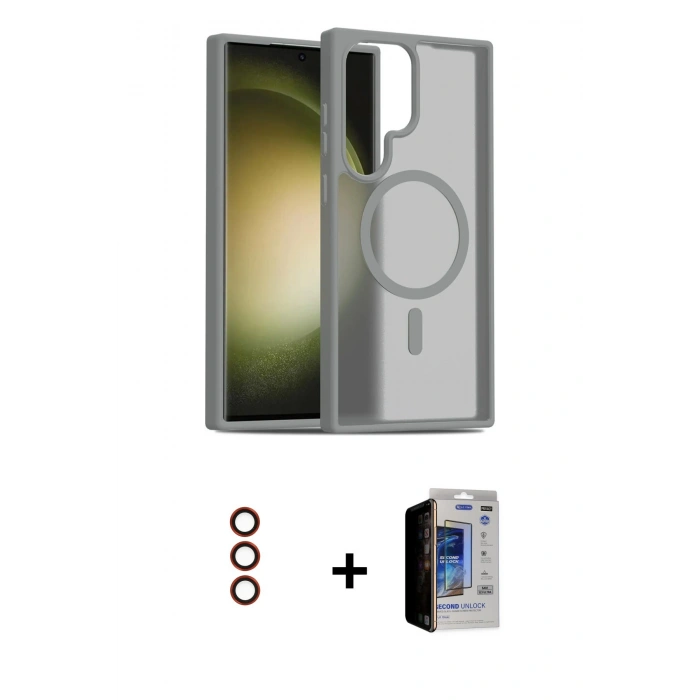 MARSİLYAN™- Galaxy S23 Ultra Kılıf Siluet Minimal Prime - Siyah Durable Full Glue Curved Hayalet Cam + Metal Kamera Lens - KI