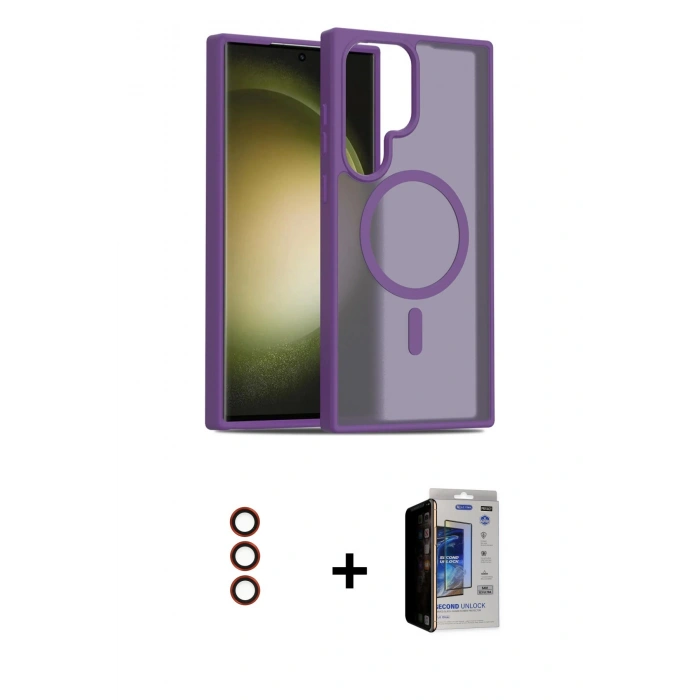 MARSİLYAN™- Galaxy S23 Ultra Kılıf Siluet Minimal Prime - Siyah Durable Full Glue Curved Hayalet Cam + Metal Kamera Lens - KI