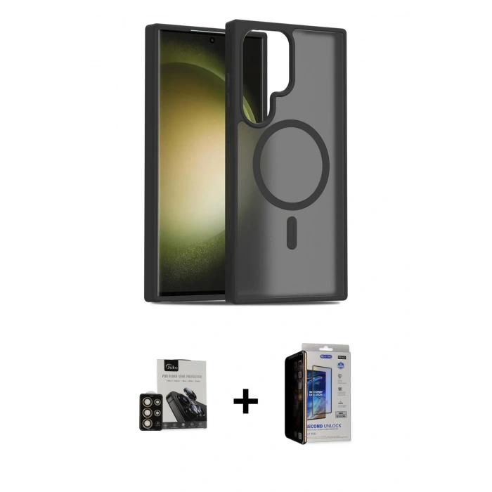 MARSİLYAN™- Galaxy S23 Ultra Kılıf Siluet Minimal Prime - Siyah Durable Full Glue Curved Hayalet Cam + PVD Metal Kamera Lens - GD