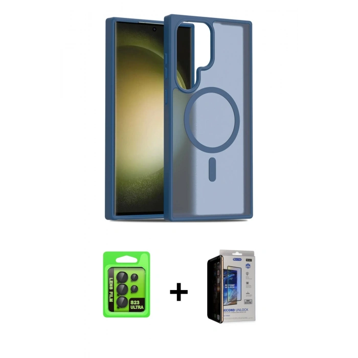 MARSİLYAN™- Galaxy S23 Ultra Kılıf Siluet Minimal Prime - Siyah Durable Full Glue Curved Hayalet Cam + Raze Metal Kamera Lens - SH