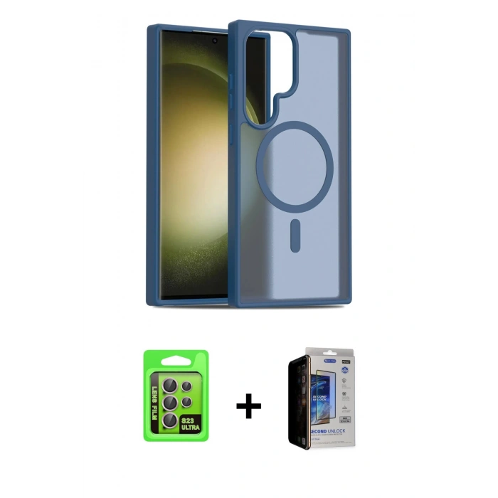 MARSİLYAN™- Galaxy S23 Ultra Kılıf Siluet Minimal Prime - Siyah Durable Full Glue Curved Hayalet Cam + Raze Metal Kamera Lens - LA