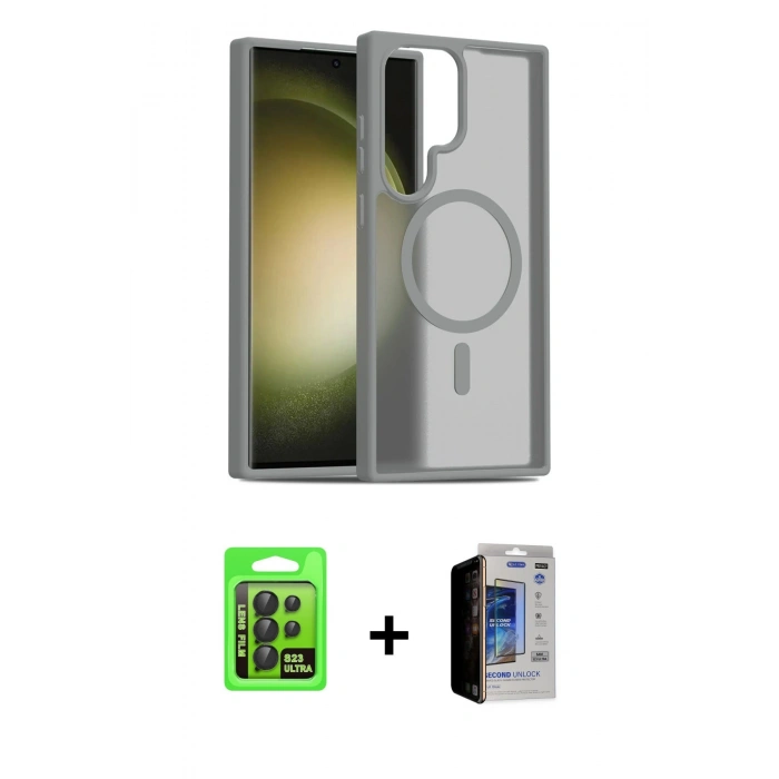 MARSİLYAN™- Galaxy S23 Ultra Kılıf Siluet Minimal Prime - Siyah Durable Full Glue Curved Hayalet Cam + Raze Metal Kamera Lens - SH