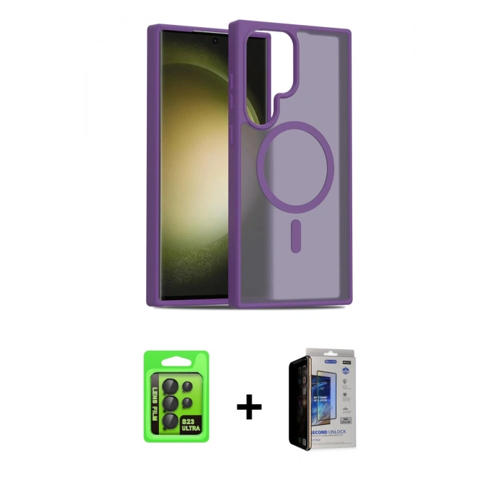 MARSİLYAN™- Galaxy S23 Ultra Kılıf Siluet Minimal Prime - Siyah Durable Full Glue Curved Hayalet Cam + Raze Metal Kamera Lens - SH