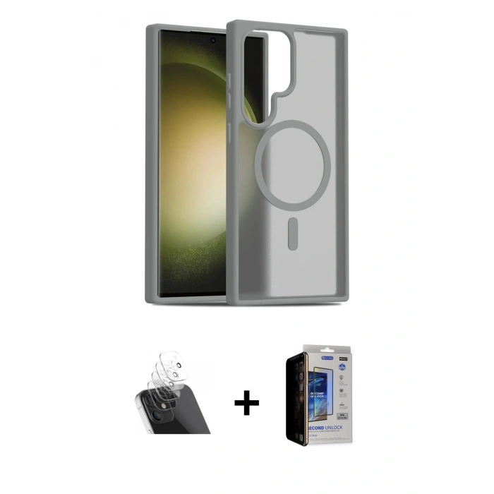 MARSİLYAN™- Galaxy S23 Ultra Kılıf Siluet Minimal Prime - Siyah Durable Full Glue Curved Hayalet Cam + Şeffaf Kamera Lens Koruma Cam