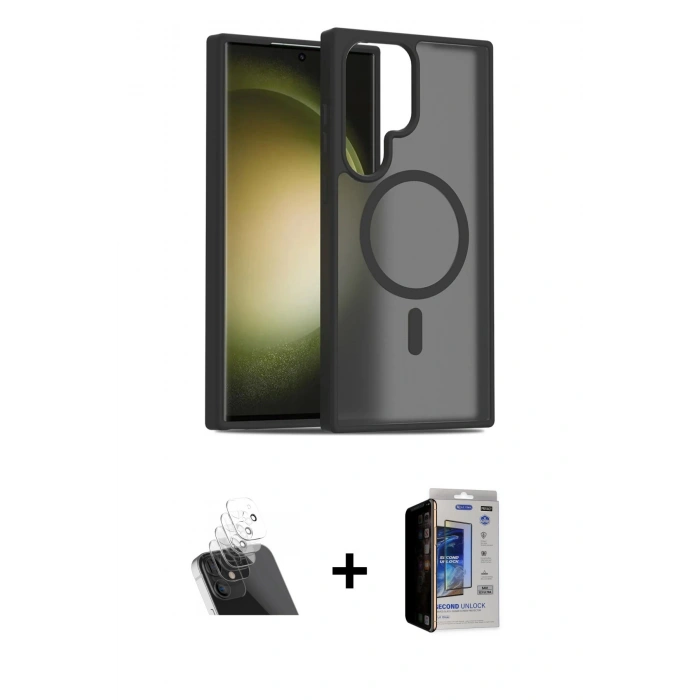 MARSİLYAN™- Galaxy S23 Ultra Kılıf Siluet Minimal Prime - Siyah Durable Full Glue Curved Hayalet Cam + Şeffaf Kamera Lens Koruma Cam