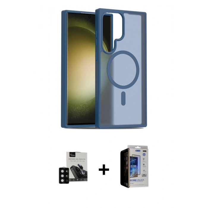 MARSİLYAN™- Galaxy S23 Ultra Kılıf Siluet Minimal Prime - Siyah Durable Full Glue Curved Hayalet Cam + PVD Metal Kamera Lens - SH