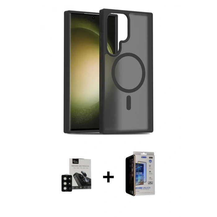 MARSİLYAN™- Galaxy S23 Ultra Kılıf Siluet Minimal Prime - Siyah Durable Full Glue Curved Hayalet Cam + PVD Metal Kamera Lens - SH
