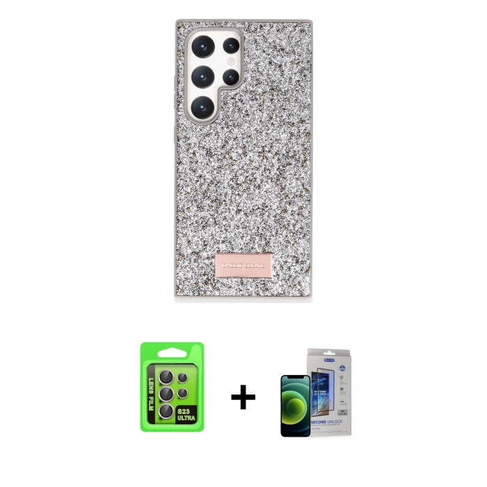 MARSİLYAN™- Galaxy S23 Ultra Kılıf Vadi Klasik Serisi - Siyah Durable Full Glue Curved Cam + Raze Metal Kamera Lens - LA