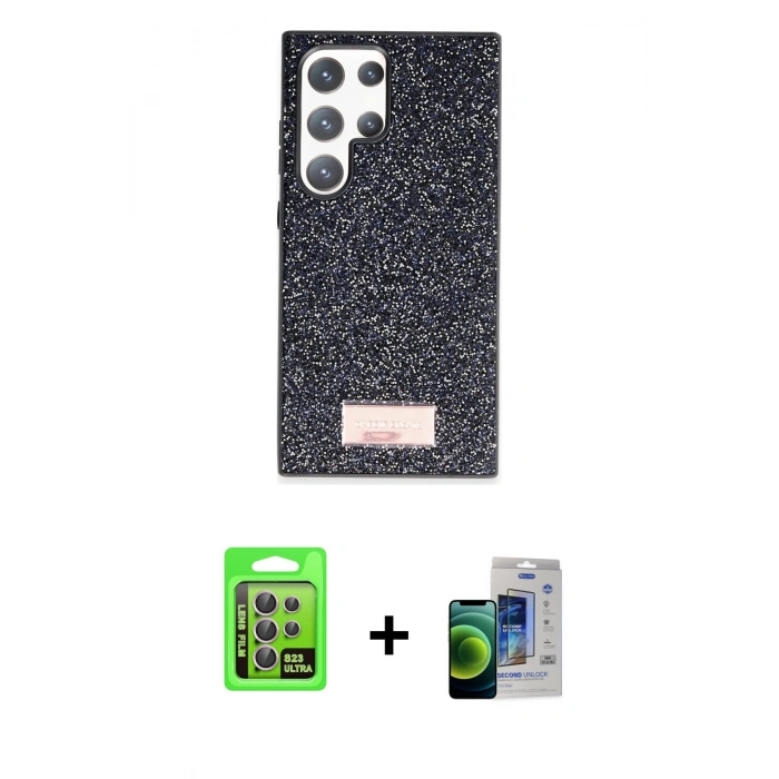 MARSİLYAN™- Galaxy S23 Ultra Kılıf Vadi Klasik Serisi - Siyah Durable Full Glue Curved Cam + Raze Metal Kamera Lens - LA