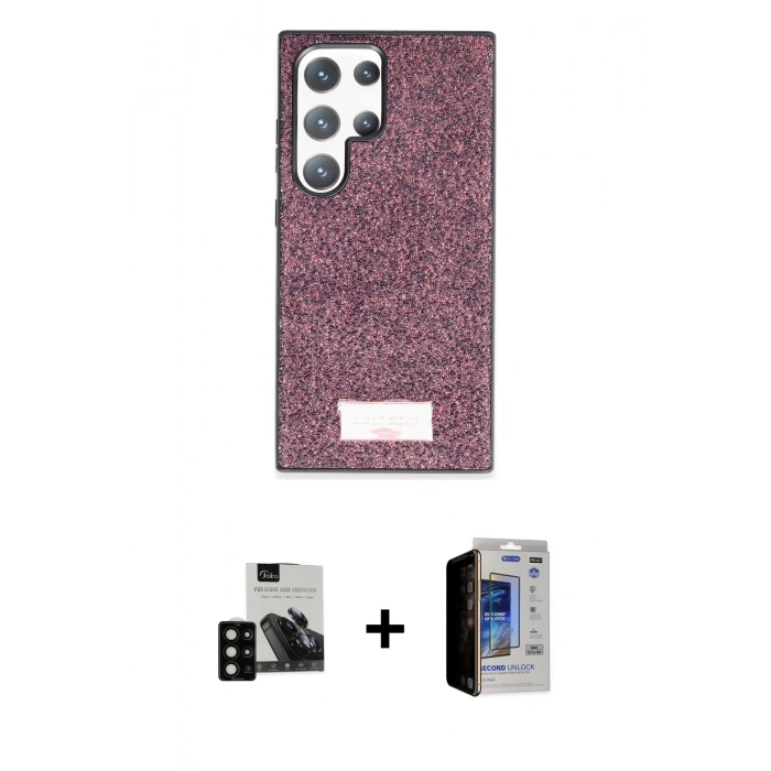 MARSİLYAN™- Galaxy S23 Ultra Kılıf Vadi Klasik Serisi - Siyah Durable Full Glue Curved Hayalet Cam + PVD Metal Kamera Lens - SH