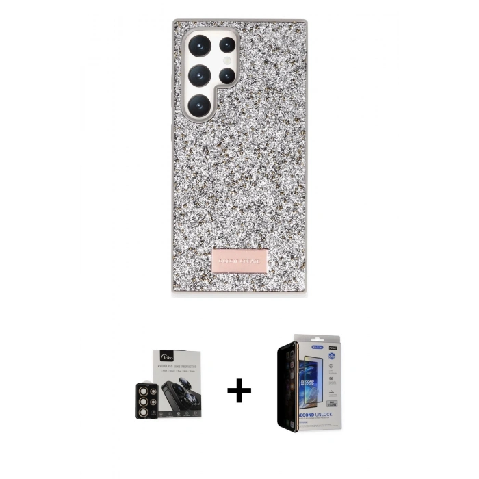 MARSİLYAN™- Galaxy S23 Ultra Kılıf Vadi Klasik Serisi - Siyah Durable Full Glue Curved Hayalet Cam + PVD Metal Kamera Lens - GD