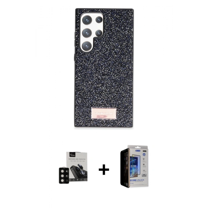 MARSİLYAN™- Galaxy S23 Ultra Kılıf Vadi Klasik Serisi - Siyah Durable Full Glue Curved Hayalet Cam + PVD Metal Kamera Lens - SH